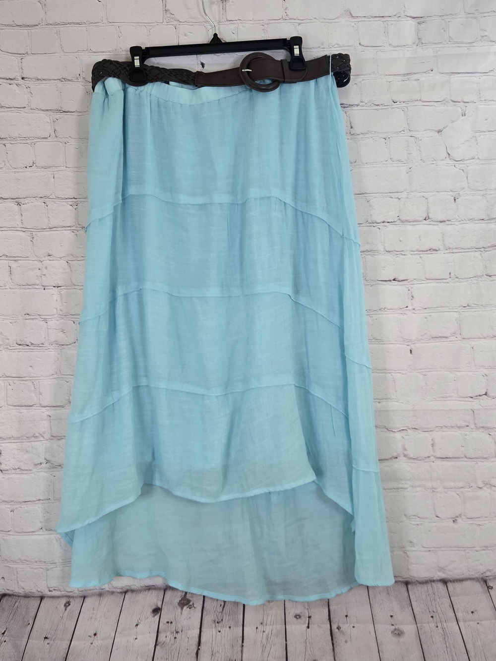 Westport y2k boho teal guazy tiered asymmetrical maxi skirt with braided belt 1x